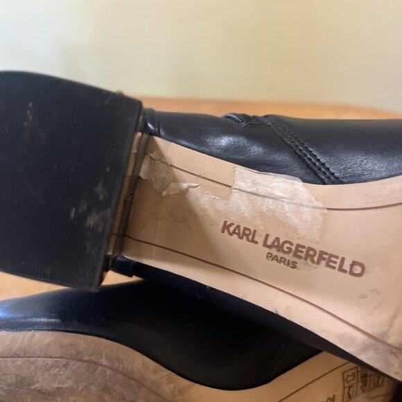 Karl Lagerfeld Paris Leather Heel Booties SZ 9.5 Black 3 In Heel Chain Decor - Picture 13 of 14